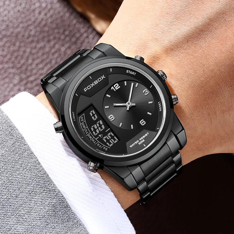 Top Luxury Brand FOXBOX Sport Men Watches Quartz Chronograph Analog clock Stainless steel Waterproof Military WristWatch For Man