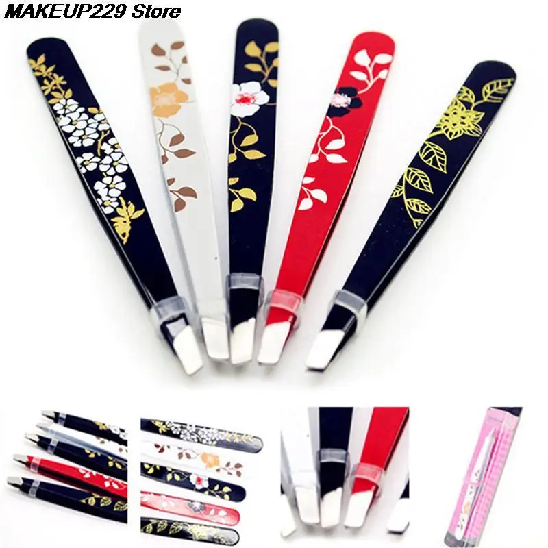 1pc Stainless Steel Eyebrow Tweezer Flower Printed Eyebrow Tweezer Slant Tip Hair Removal Makeup Tool 2