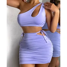 

Prowow Women Clothing Set Corset Tops Skirt Two Piece Matching Suits 2022 New Summer Skew Collar Sexy Hollow Out Lady Outfits