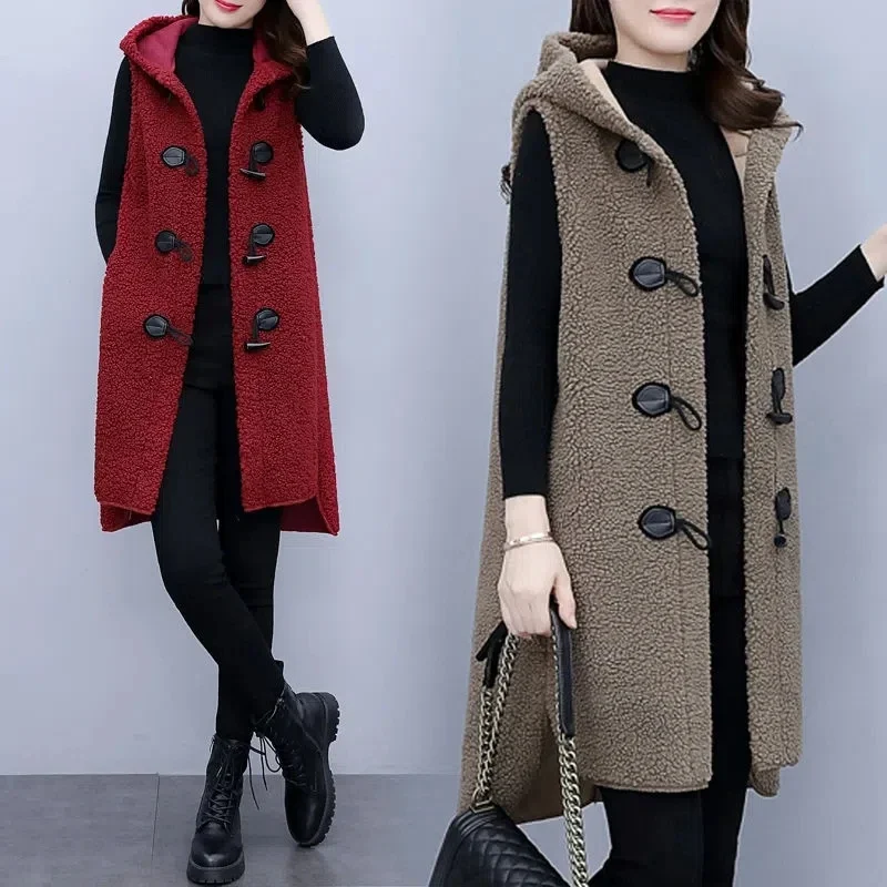 

Autumn Winter Casual Horn Buckle Hooded Gilet Coat Solid Color Loose Waistcoat Cardigan Faux Lamb Velvet Vest Jacket Women