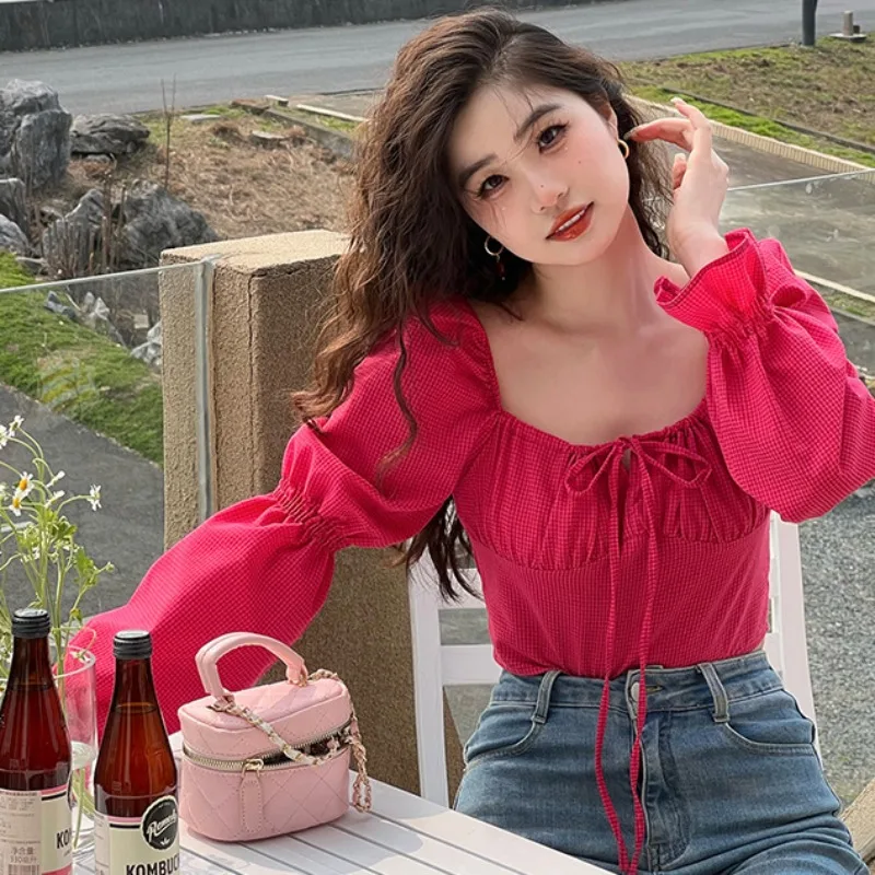 Plus Size Women Spring Summer Autumn 2024 New Sweet Spicy Wind Blouses Check Creased Square Neck Bubble Balloon Sleeve Shirt Top spring and autumn new suit coat women s small fragrance top korean british casual check short women