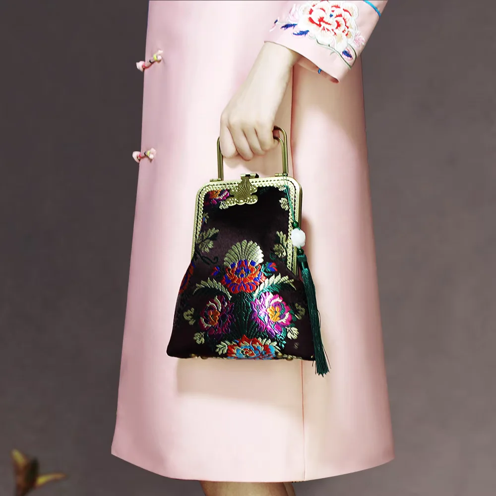 Pure Handmade Vintage Print Flowers Bags Hand Lock Shell Phone Bag Women's Handbags Purses Chain Women Shoulder Crossbody Bags crossbody bag women handbags