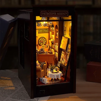 DIY Book Nook Kit Wooden Doll House 3D Puzzle Assembly Model Building Bookend Toy Home Bookshelf Insert Decor With LED Lights 1