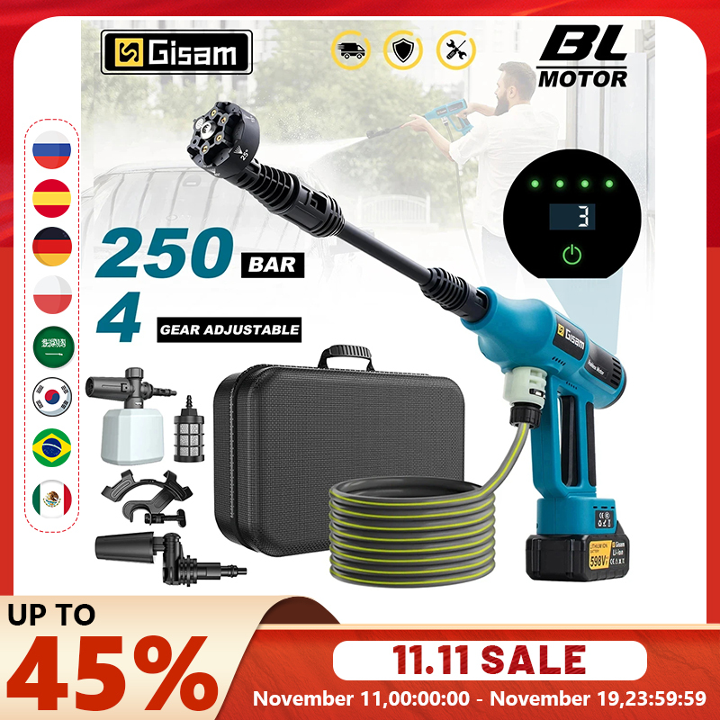 Gisam 250Bar Brushless Electric High Pressure Washer Gun 4Gear Power Home Car Washing Water Spray Gun for Makita 18V Battery Pin