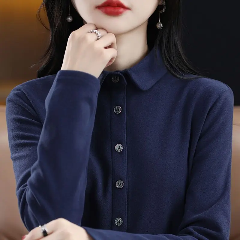 Women's Autumn Winter Fashion Simple Solid Color POLO Collar Button Casual Versatile Long Sleeved Slim Fit Shirt Cardigan Tops