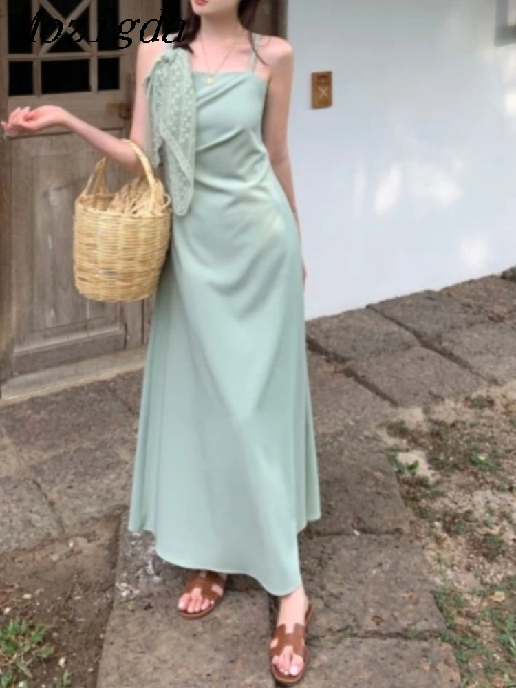 

Summer Sleeveless Slip Dress Women Slim Waist Elegant Fashion Irregular Pleated Ladies Dresses Korean Style Woman Long Dress