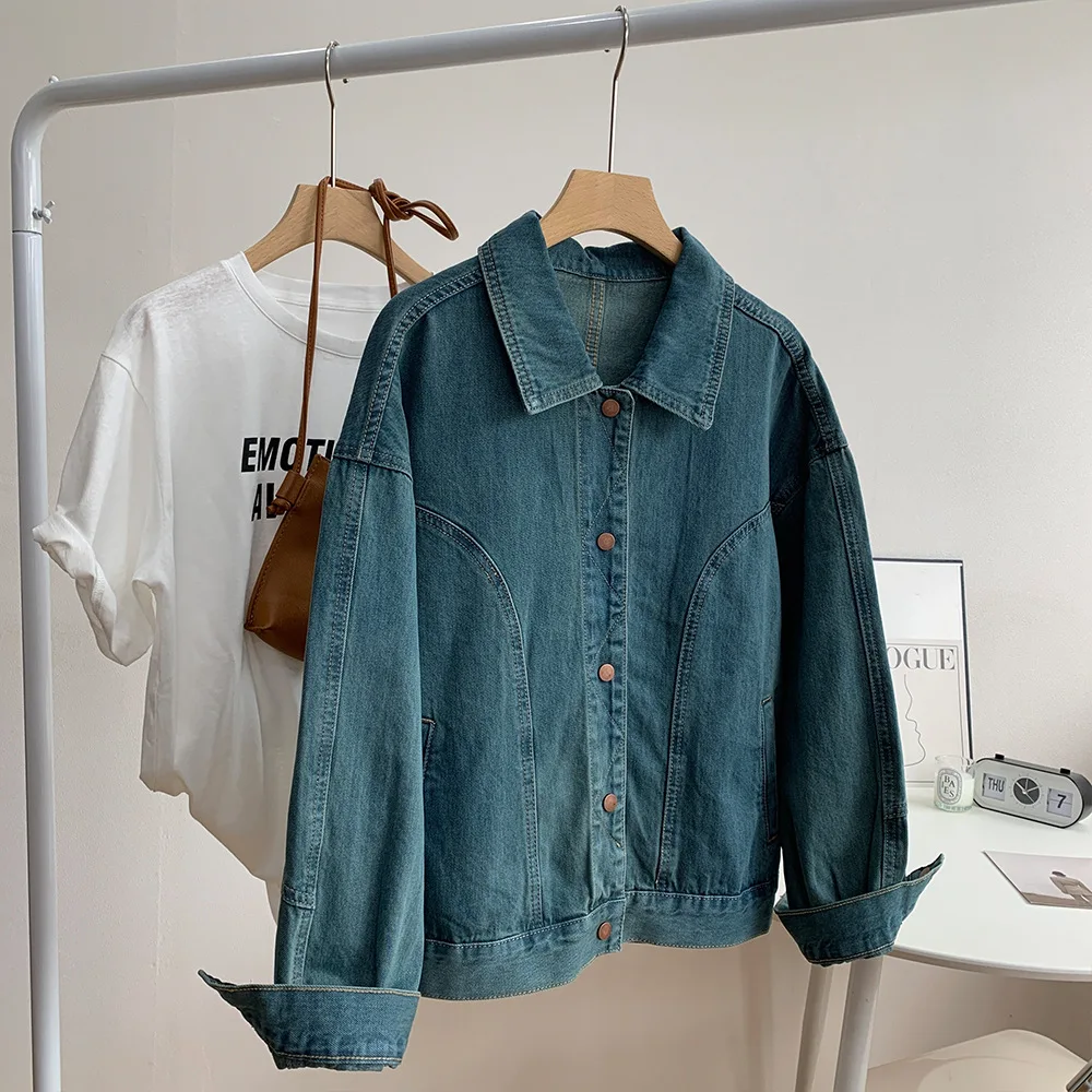 Washed Twill Cotton Retro Denim Jacket with Lapel Open Line Design Short Jacket Top for Women [fila]diagonal line twill stripe compact yan suitcase