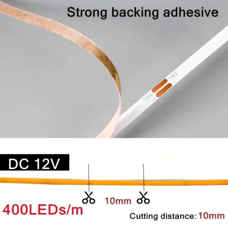 다채로운 초박형 12V 3mm COB LED 스트립 디밍 가능 3000K 4000K 6000K 고밀도 유연 조명 400LED DIY 홈데코 램프용