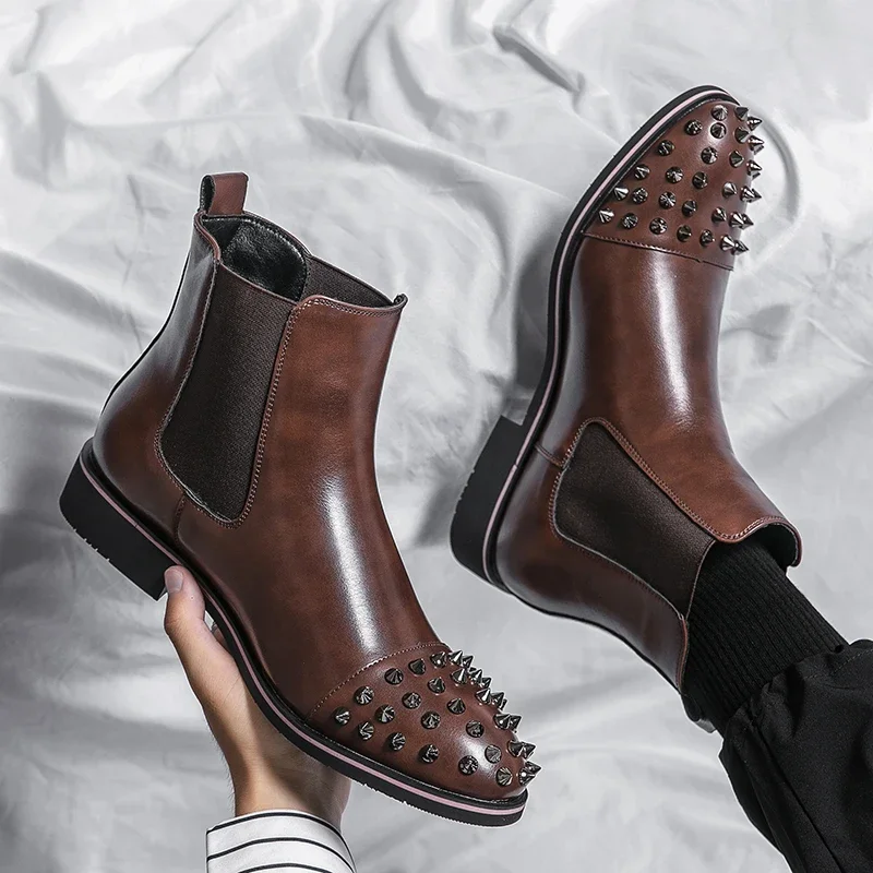 Chelsea Boots Black Rivet Punk Square Toe Slip-On Handmade Low-heeled Men Boots Business Men Shoes