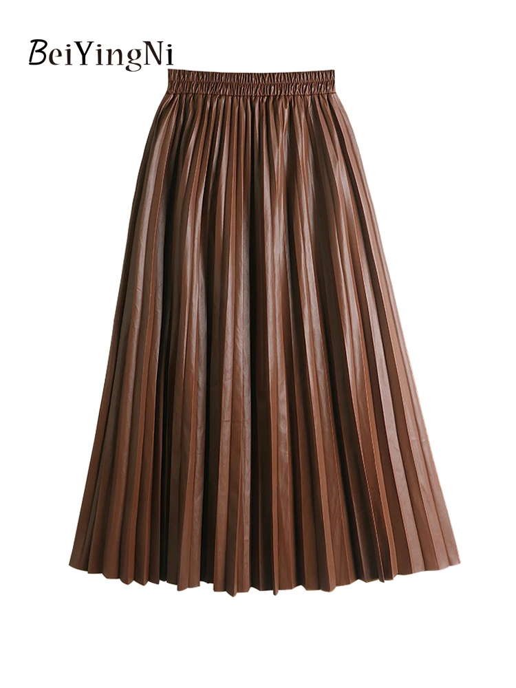 

Beiyingni Korean Elegant Long PU Leather Skirt Women Casual Vintage Street High Waist Midi Pleated Skirts Lady 2023 Fall Winter