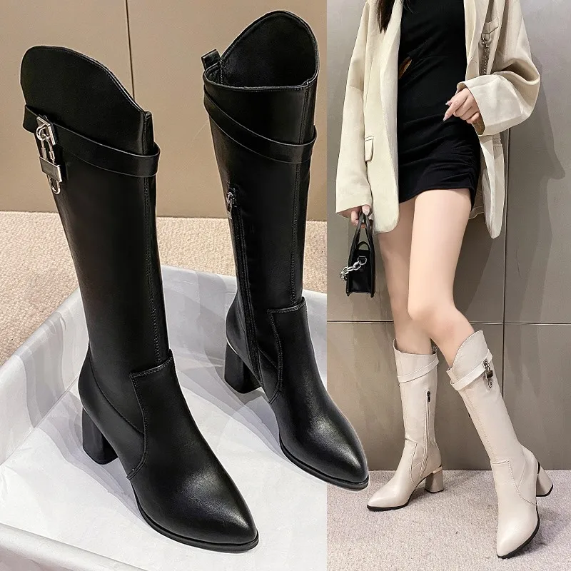 

Casual Women Snow Boots Buckle Zipper Women's Knee High Boots Fur Warm Winter Riding Boots Female Black White Shoes Large Size