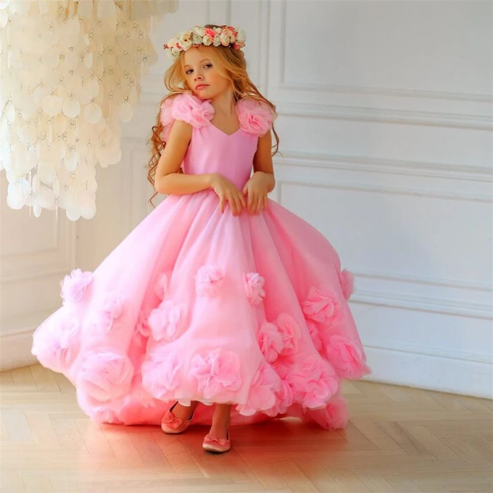 

2022 Gorgeous Pink Flower Girl Dress High Low V Neck Corset back Kids Birthday Party Gown Prom Pageant Dresses