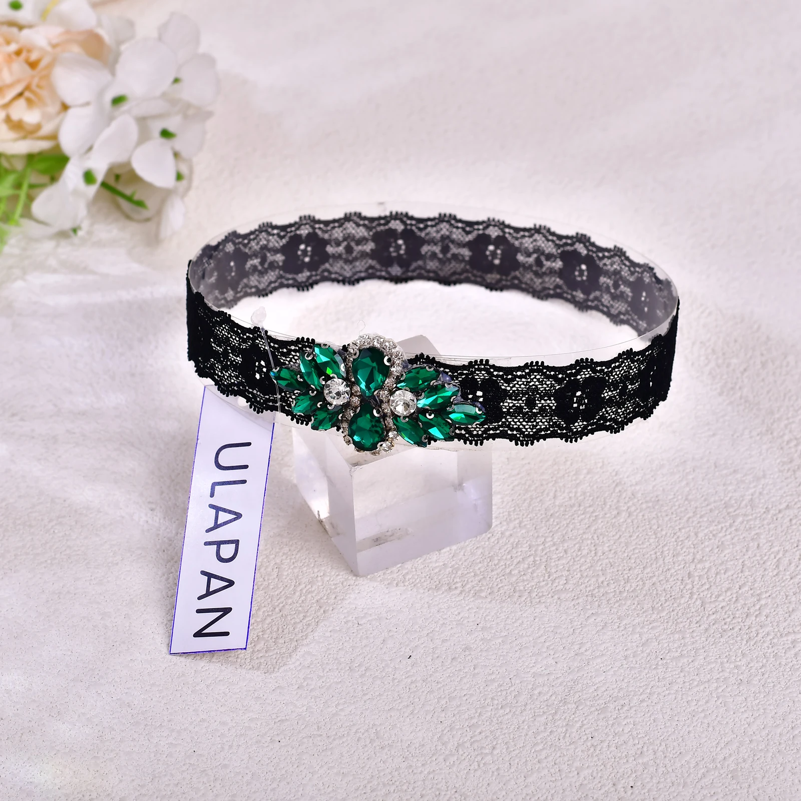 Sexy Black Lace Thigh Ring with Green Rhinestone Wedding Bridal Garter Fashion Thigh Decoration ST61
