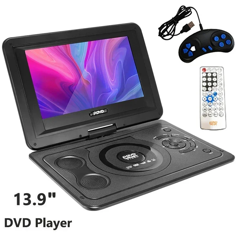 16:9 와이드 스크린 휴대용 DVD 플레이어, 800mAh VCD, EVD HD 미디어 플레이어, USB SD 카드, RCA 케이블 게임, 13.9 인치 TV 가정용 차량용 