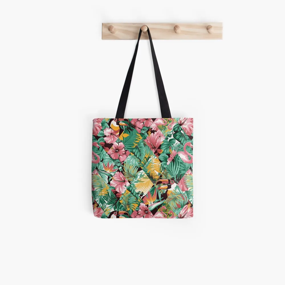 Women Shopper bag Tropical leaves hibiscus and Flamingo Bag Harajuku Shopping Canvas Shopper Bag girl handbag Shoulder Lady Bag
