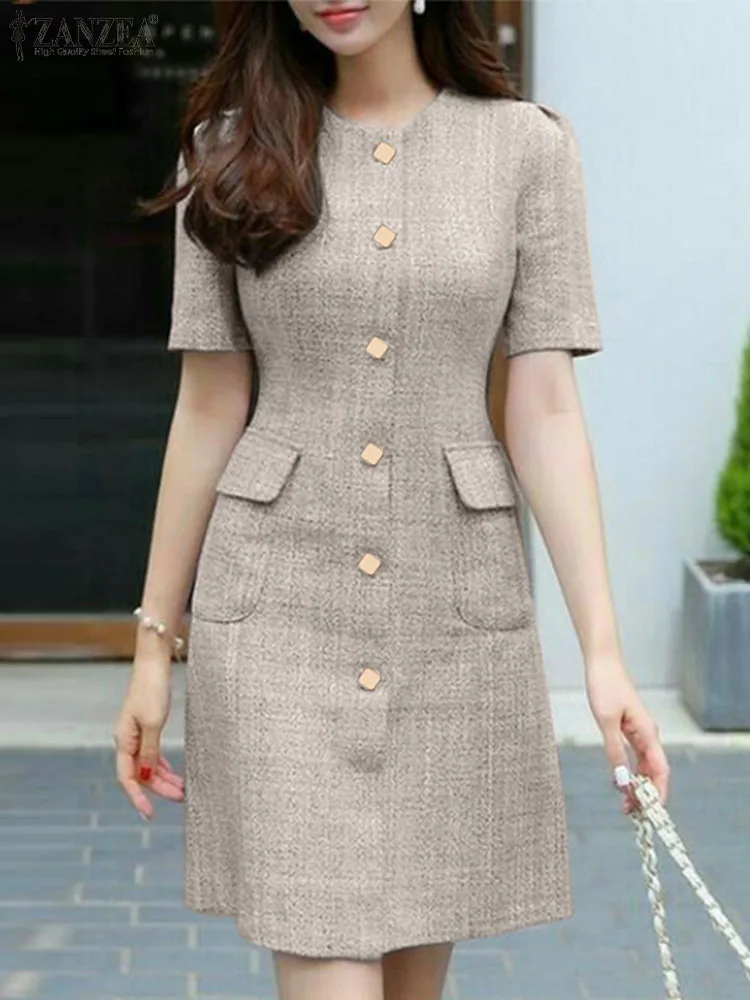 

ZANZEA Woman Vintage OL Dress Female Fashion Solid Vestidos Short Sleeve O-Neck Dresses Summer Casual Street Sundress Oversize