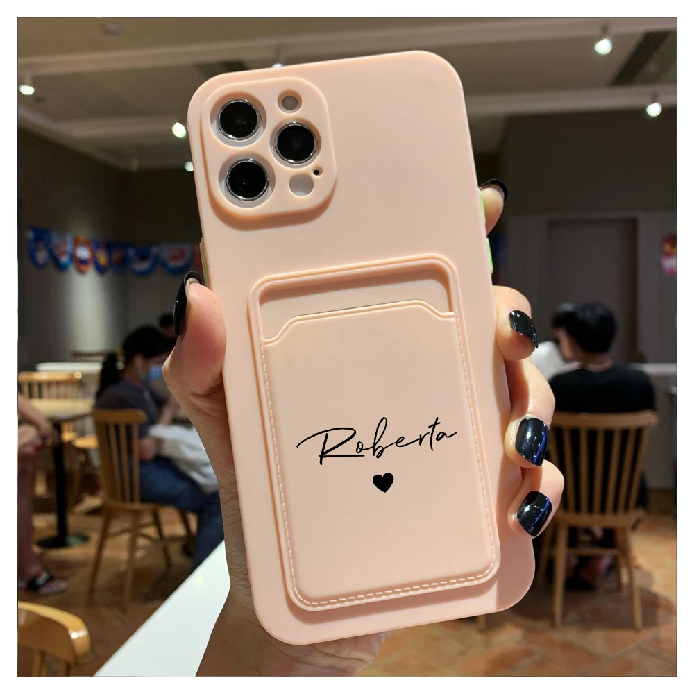 case for iphone 13 pro max Custom Name Soft Silicone Wallet Card Holder Case for iPhone 11 12 13 Pro Max XR X XS Max 7 8 Plus 13 Pro Pink White Phone Cover iphone 13 pro phone case