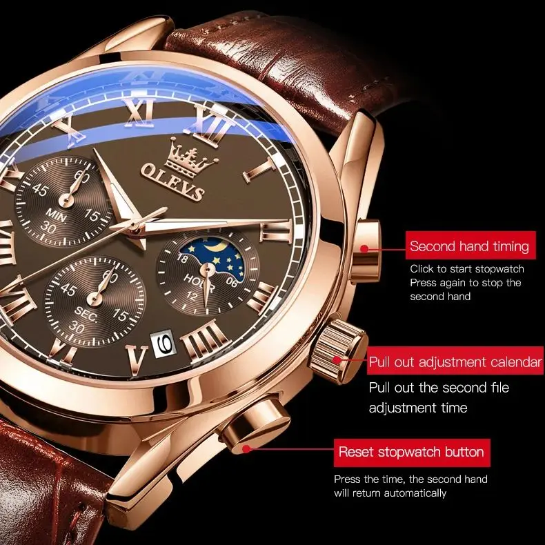 OLEVS Luxury Chronograph Men's Wristwatch – Waterproof Quartz with Moon Phase and Multifunction Features