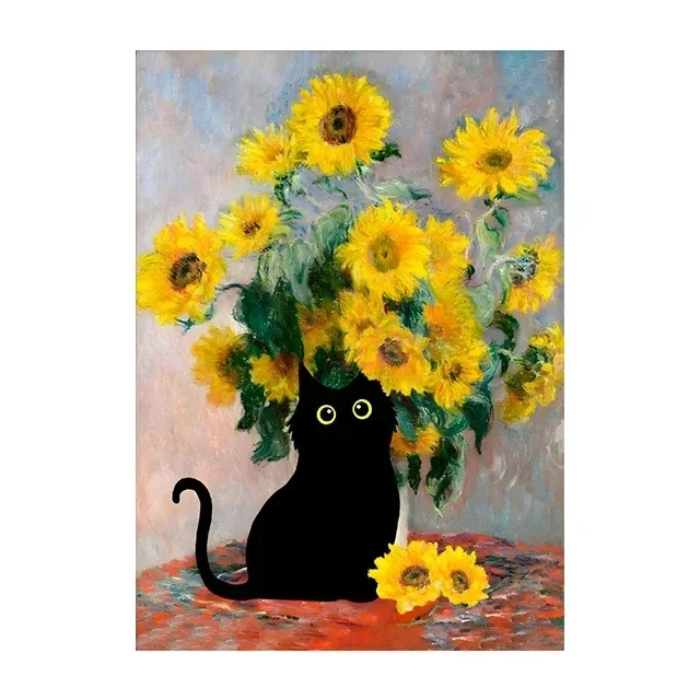 Whimsical Starry Night Cat Canvas Art - Colorful Abstract Floral Decor