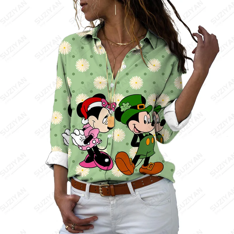 

Women'S Fashion Elegant Turn-Down Collar Blouse Fashion Printed Women'S Shirt Long Sleeve Disney Mickey Minnie Blouse
