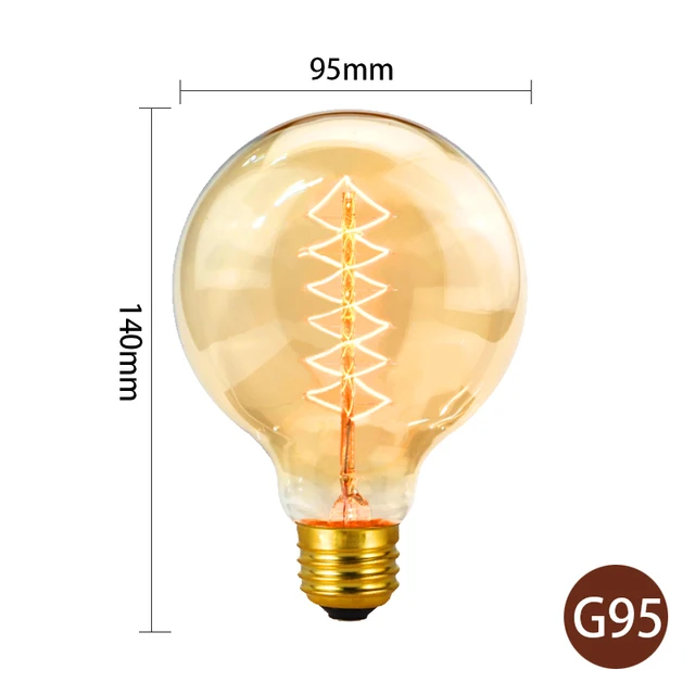 Retro Edison Light Bulb E27 220V 40W A19 A60 T10 T45 T185 ST64 G80 G95 Filament Vintage Ampoule Incandescent Bulb Edison Lamp G95 spiral