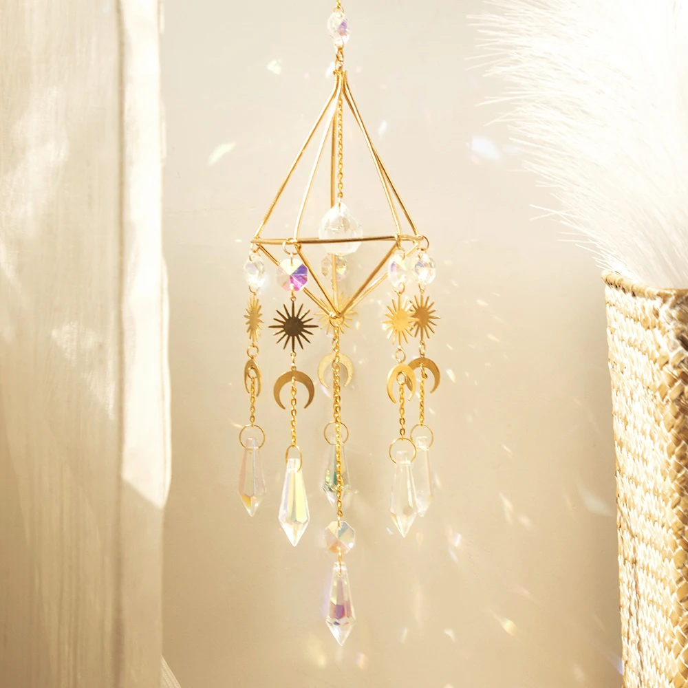 Hanging Golden Crystal Suncatcher Sun&Moon Light Catcher Rainbow Prisms Sun Catchers for Outdoor Decor Garden Ornaments Pendants