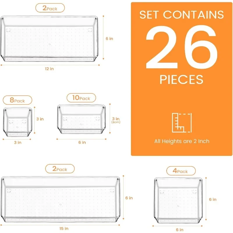 Drawer Organizer, 26 Pack Clear Plastic Drawer Organizer Bins, Versatile Organization and Storage Trays for Kitchen 2