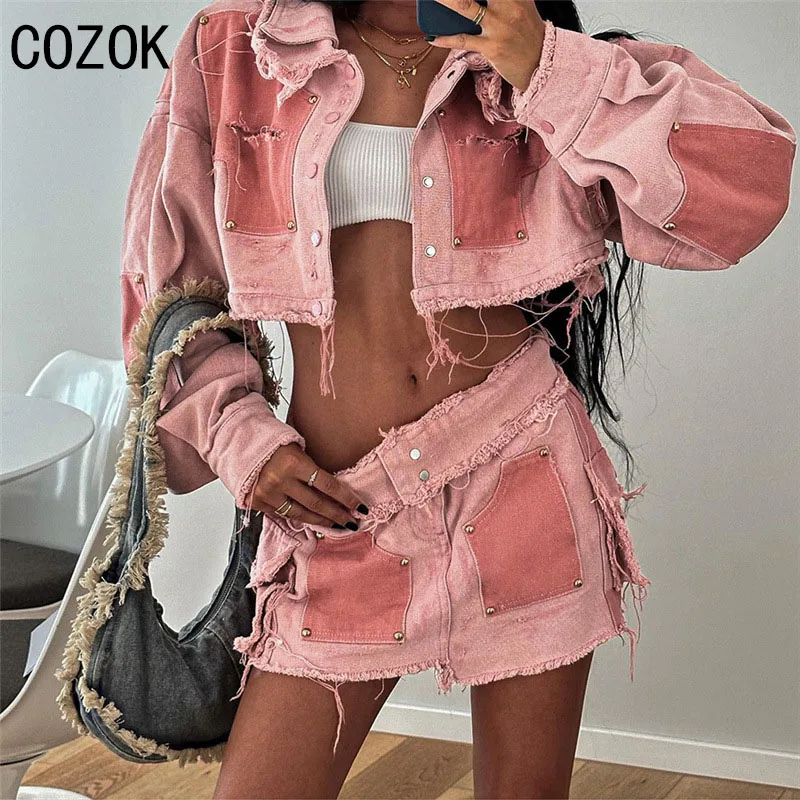 

Cozok Pink Patchwork Denim 2 Piece Set Women Lapel Long Sleeve Crop Jackets And Mini Skirt Suit Y2K Retro Streetwear Outfit 2023