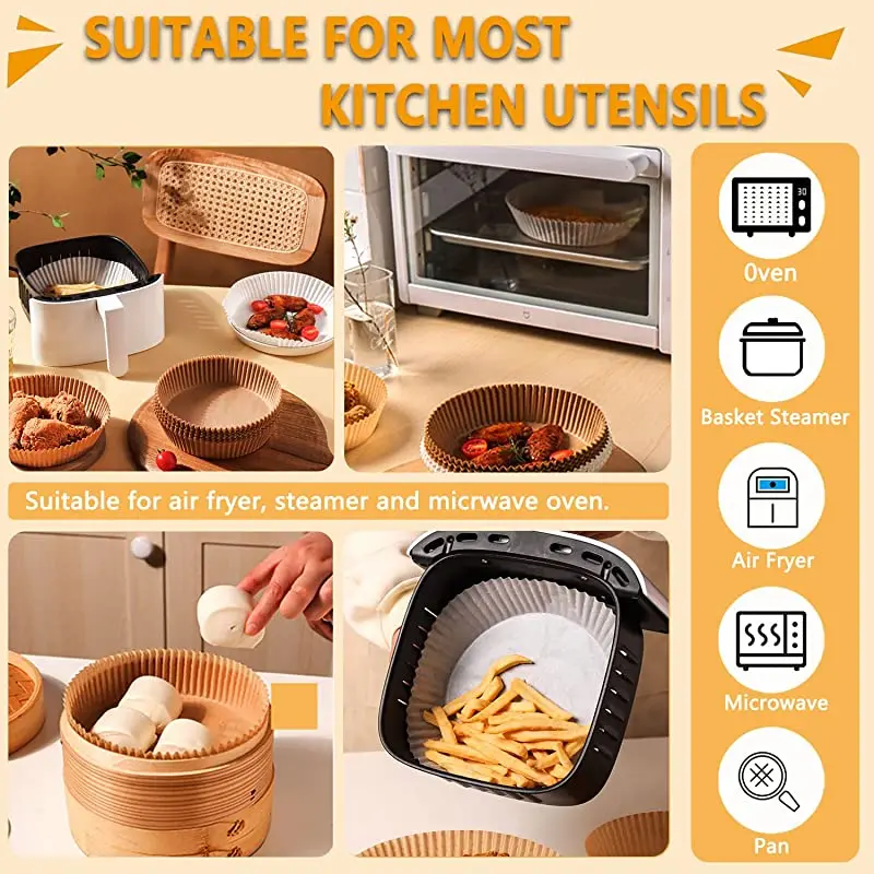 5~200PCS Air Fryer Parchment Paper Liners Non-Stick Disposable Paper Tray Barbecue Plate Food Oven Kitchen Round Baking