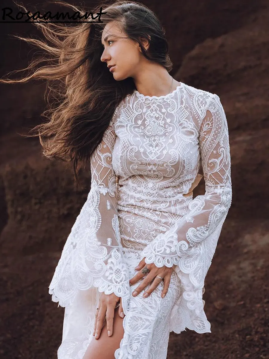 Bohemian High Split Open Back Appliques Lace Wedding Dresses Mermaid Long Flare Sleeve Country Bridal Gown