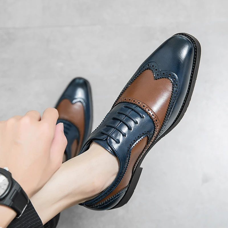 European Station Fashion Block Shoes Men Pointed Lace up Business Office Dress Shoes Banquet Wedding Size 38-48 Men