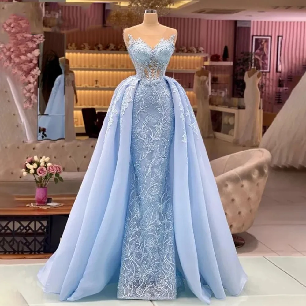 

Light Blue Lace Mermaid Illusion Neck Evening Dresses Detachable Overskirt Long Luxury 2023 Formal Prom Gowns Dubai Party Robe