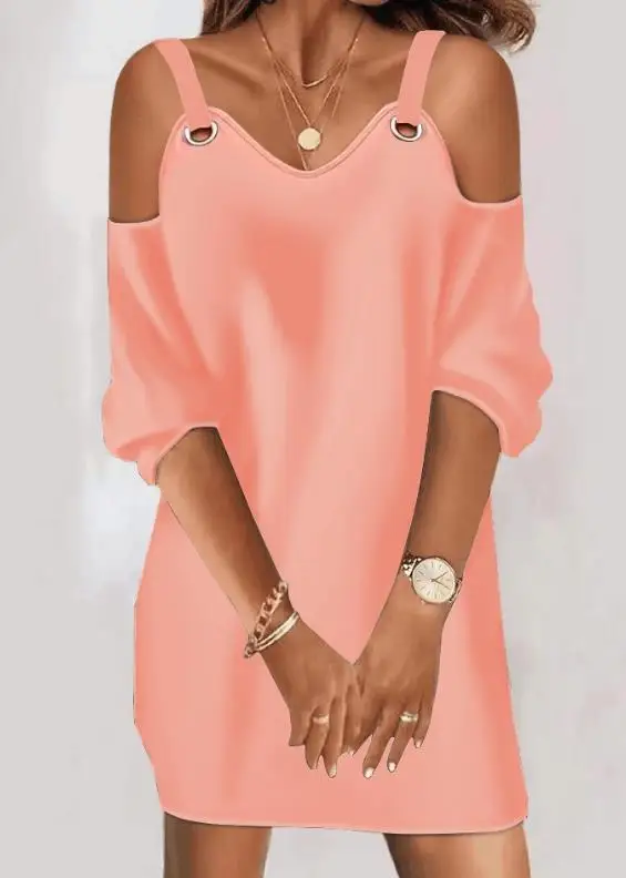 

Women's Dresses 2023 Autumn Cold Shoulder Eyelet Half Sleeve Casual Dress Daily Elegant Straight Solid Color Dress Famale Dress