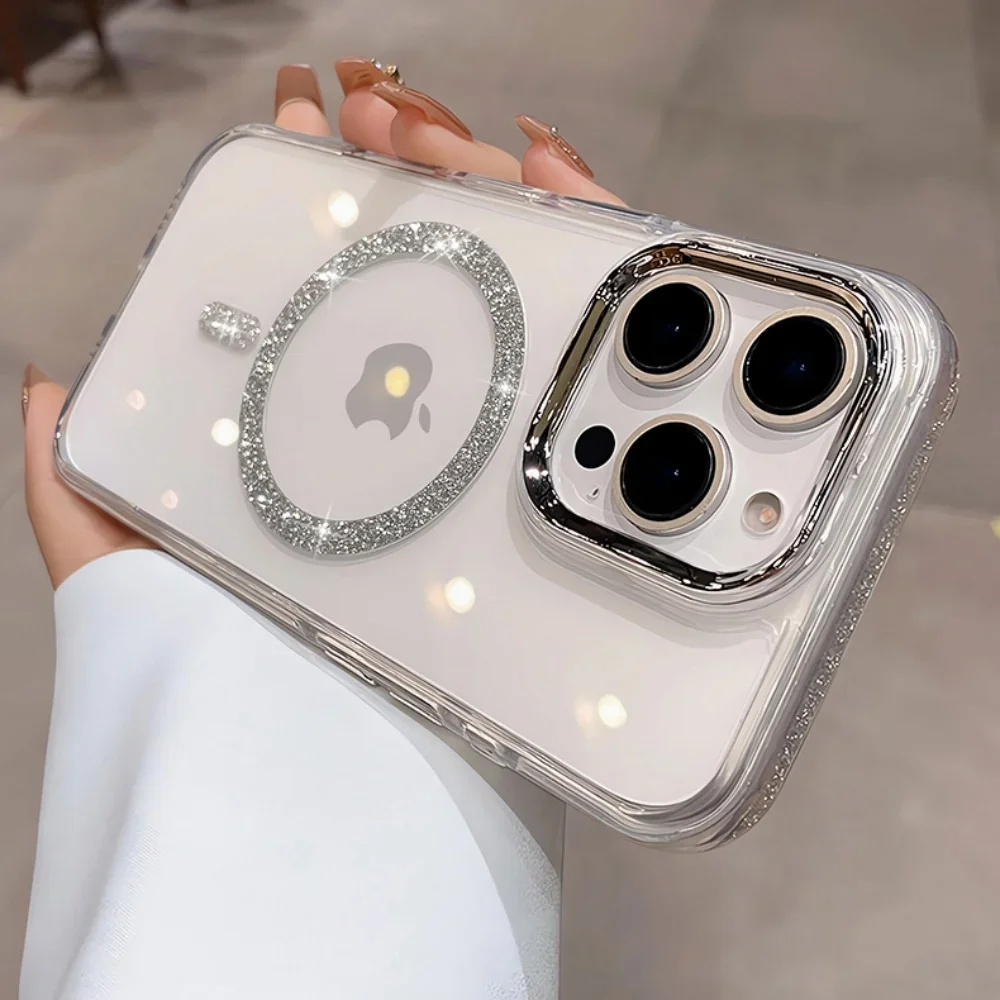 Luxury Bling Glitter Magsafe Clear Case with Metal Plating Lens Frame