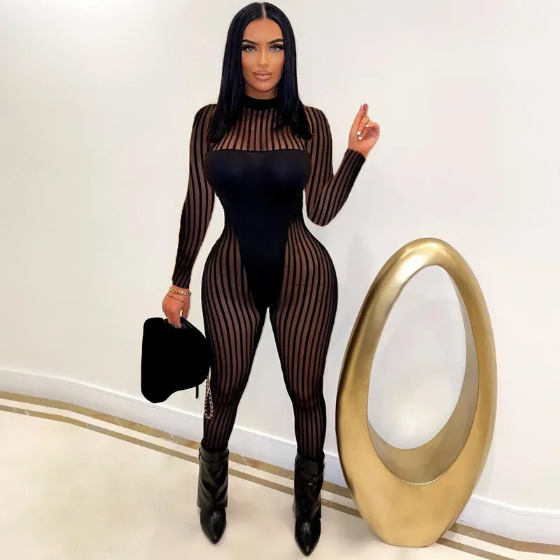 

KEXU See Through Mesh Patchwork Striped Jumpsuit Long Sleeve Sexy Hollow Out Night Party Club Skinny Bandage One Piece Overalls