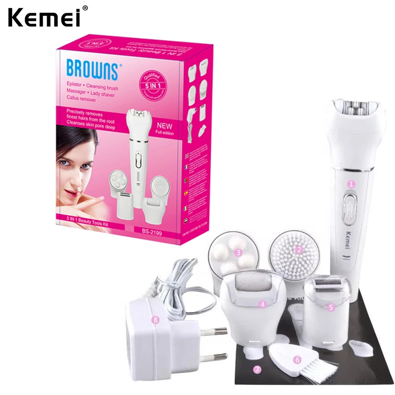 

Kemei KM-2199 5 In 1 Full Body Shave Facial Cleansing Massage Ladies Care Set Painless Epilator for Women Tondeuse T9