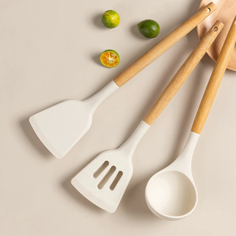 

Heat Resistant Wooden Handle Silicone Spatula Soup Spoon Skimmer Non-Stick Cooking Set Kitchen Utensils