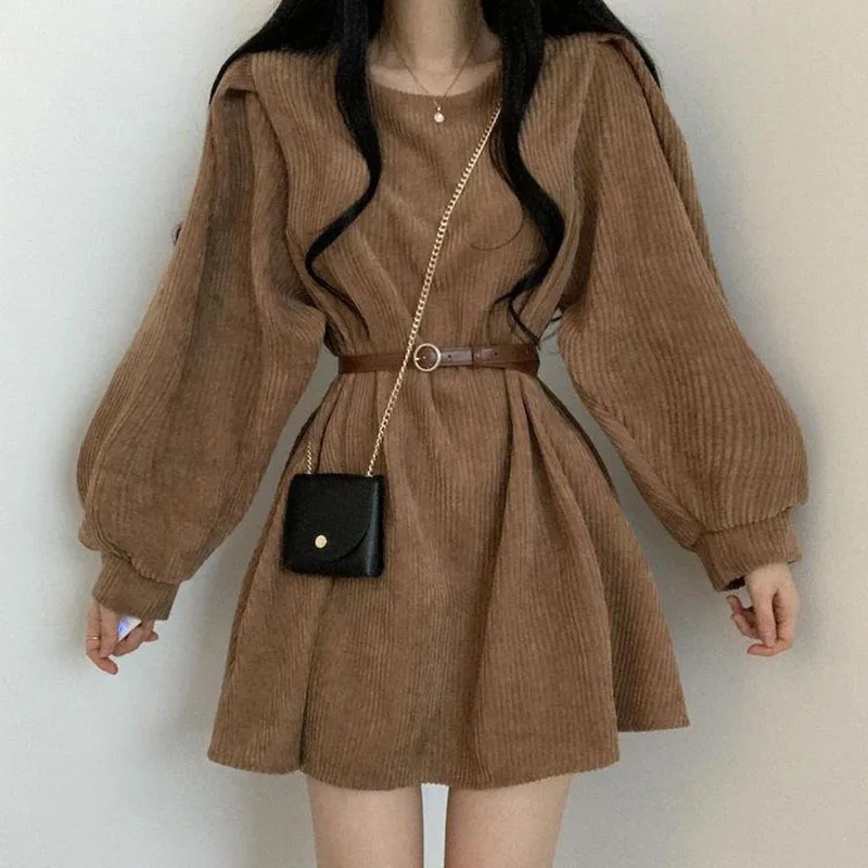 

Autumn Corduroy Sashes Dresses Women Korean Preppy Puff Sleeves Casual A Line Mini Dress Harajuku Elegant All Match Solid Dress