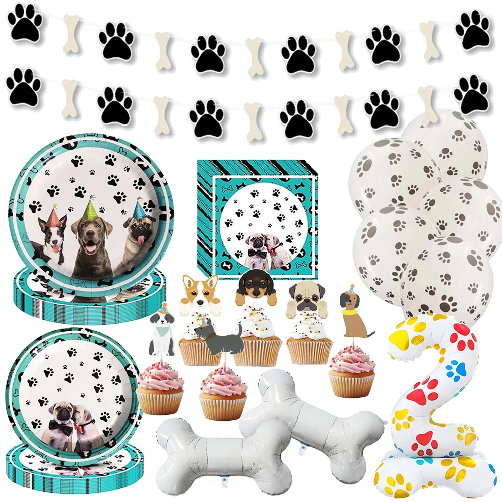  Hund Party Hundepfoten Geschirr Pfoten Teller Banner Servietten Ballon 1.-3. Geburtstag Haustier Welpen Party Dekoration Lieferungen
