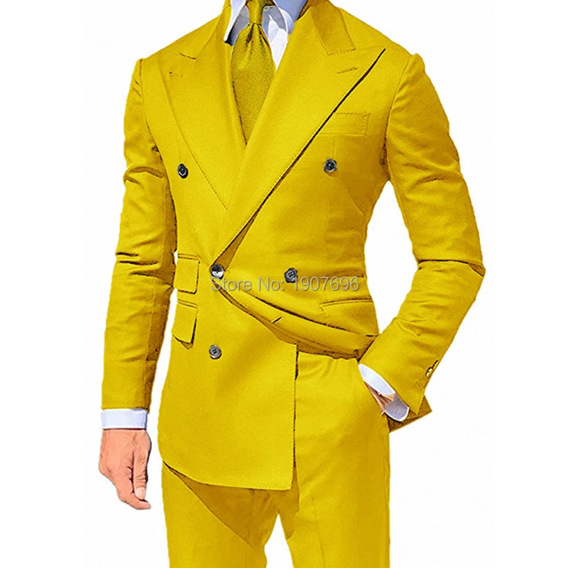 

Yellow Double Breasted Slim Fit Suits for Men Peaked Lapel Custom 2 Piece Wedding Groom Tuxedos Male Fashion Jacket with Pants
