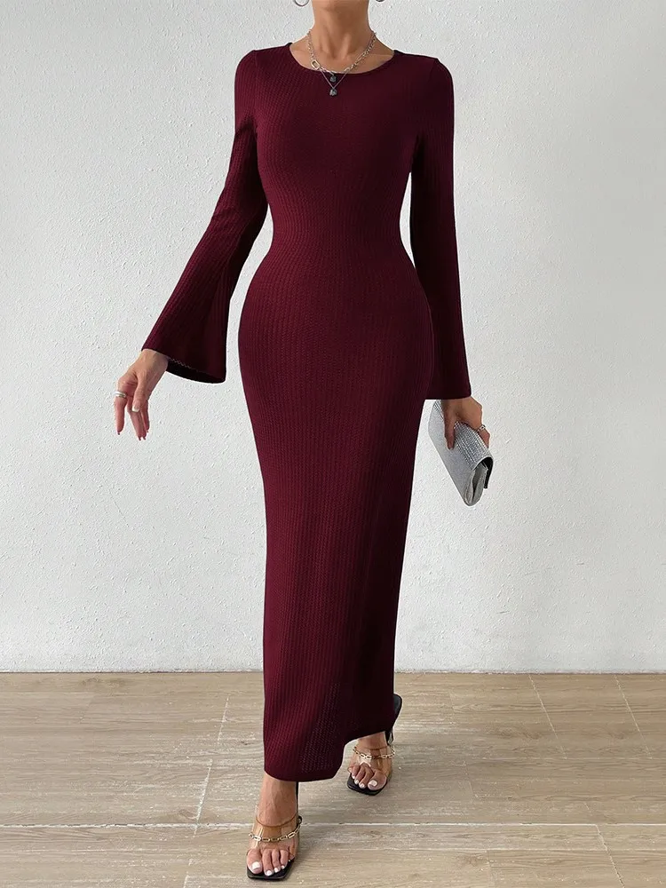 

Solid Color Knitted Bodycon Dresses Women Autumn Winter New Flared Sleeve Backless Leace-up Slim Knitwear Dress Elegant Vestidos