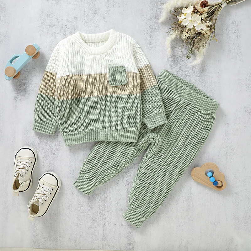 

Baby Clothes Sets Knitted Kid Pullover+Trousers 2PC Infant Gril Boy Sweater Long Sleeve Tops +Pants Fashion Striped Warm Autumn