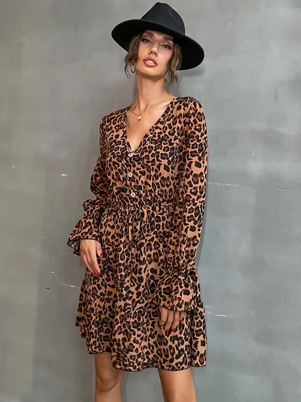 

Jastie Fashion V-neck Leopard Print Dress Spring Women's Long Sleeve Chic Buttons Mini Dresses Casual High Waist Retro Vestidos