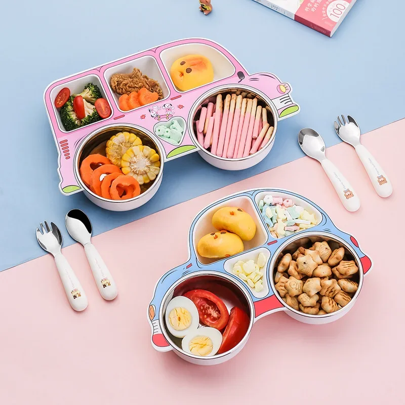 

304 Stainless Steel Children's Car Plate Can Be Disassembled And Washed Baby Food Bowl Creative Cartoon Grid Plastic Plate Set