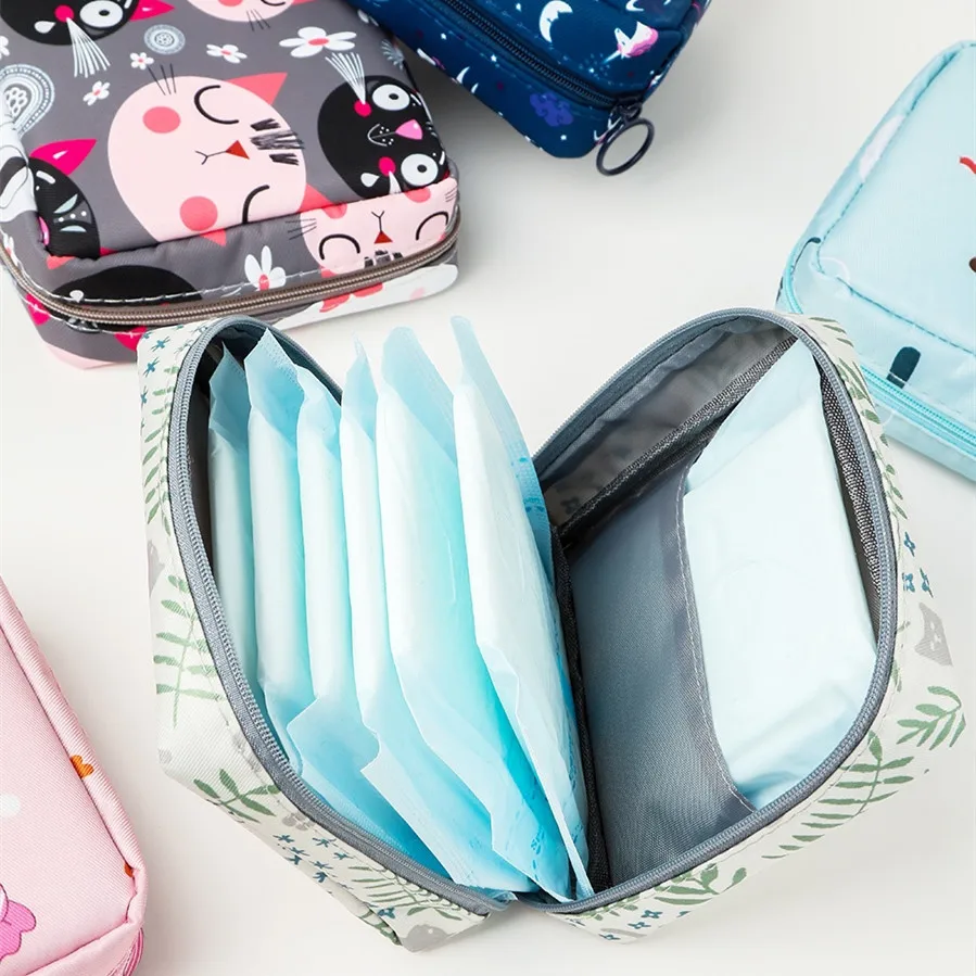 Cartoon Mickey Mouse Sanitary Napkin Storage Bag for Women Disney Stitch Strawberry Bear Pattern Coin Purse Mini Cosmetic Bag