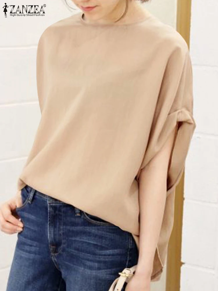 

ZANZEA 2024 Summer Solid Streetwear Blouse Women Dolman Sleeve Loose Round Neck Tops Casual Elegant Blusa Fashion Tunic Oversize