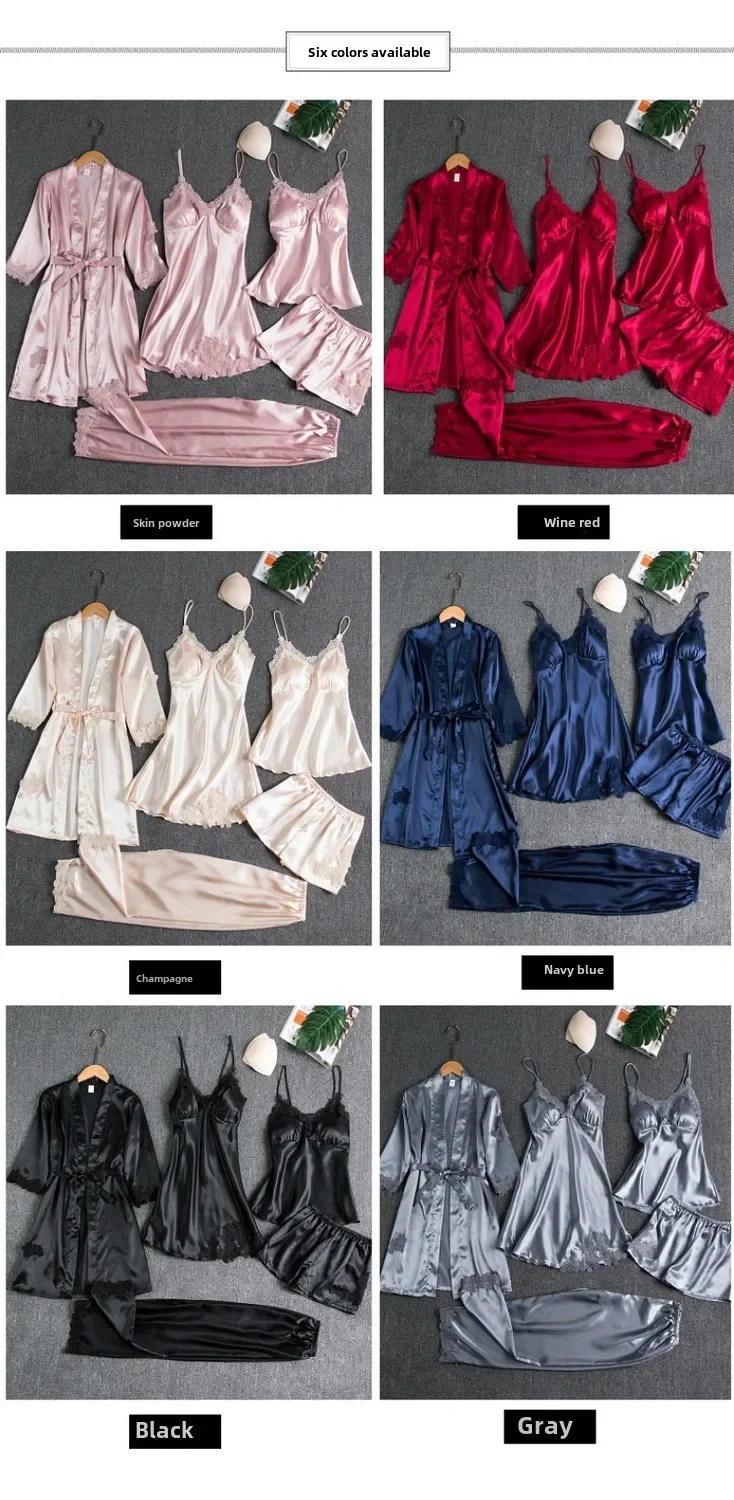 Lace Satin Women's Sleepwear Set Silk V-neck Nightgown 5 Piece_voghion.com