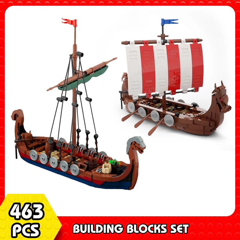 Moc Viking Ship Medieval Military Longship Building Blocks Sodiers