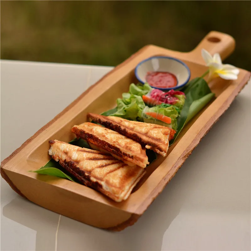 

Wood Pallet Dessert Bread Pizza with Handle Food Tray Solid Wood Sushi Plate Creative