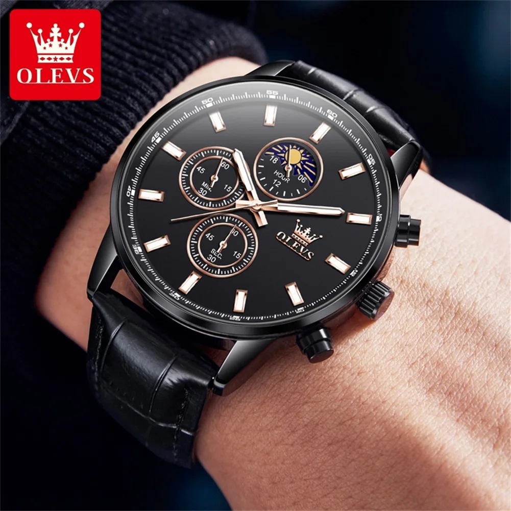 OLEVS Fashion Chronograph Quartz Watch for Men Leather Strap Waterproof Calendar Moon Phases Mens Watches Top Brand Luxury Clock